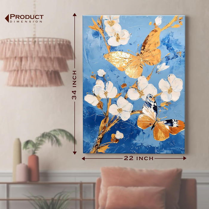 Portrait Abstract Canvas Wall Art painting Flower and Flying Butterfly Multicolor | Digital Painting on Canvas Stretched on Wood (22x34 Inch)
