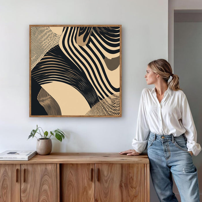Boho Abstract Framed Painting For Living Room | Organic Geometric Large Canvas Painting With Frame Wall Art For Bedroom, Hallway's, Office, Hotel, Size 58x58 cm