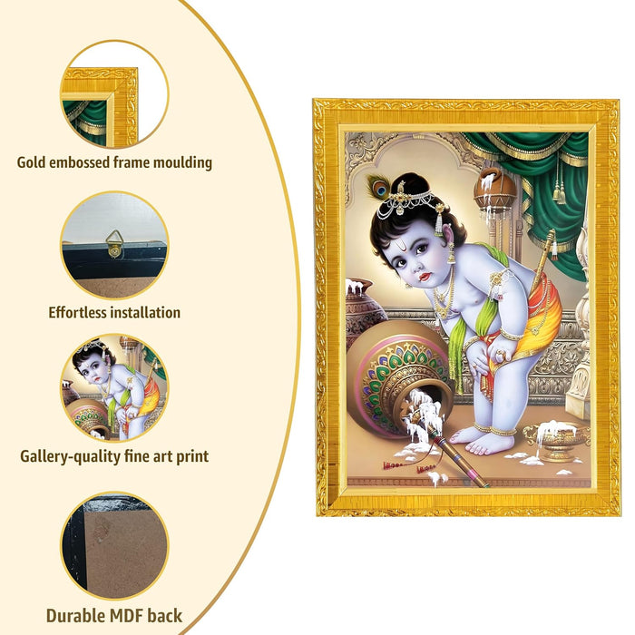 Lord Little Krishna with Makhan Photo Frame for Mandir, Pooja Room | Divine Hindu Deity Wall Art (10x13 Inch)