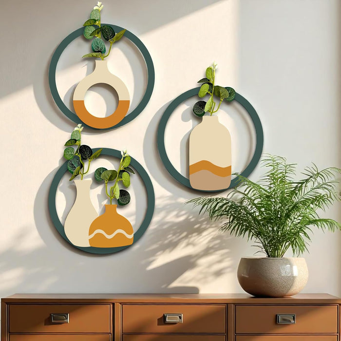 MDF Boho Wall Decor Round Vase Hanging with Artificial Plant Leaf Pack of 3 Wooden Circular Wall Decoration 20x20 cm