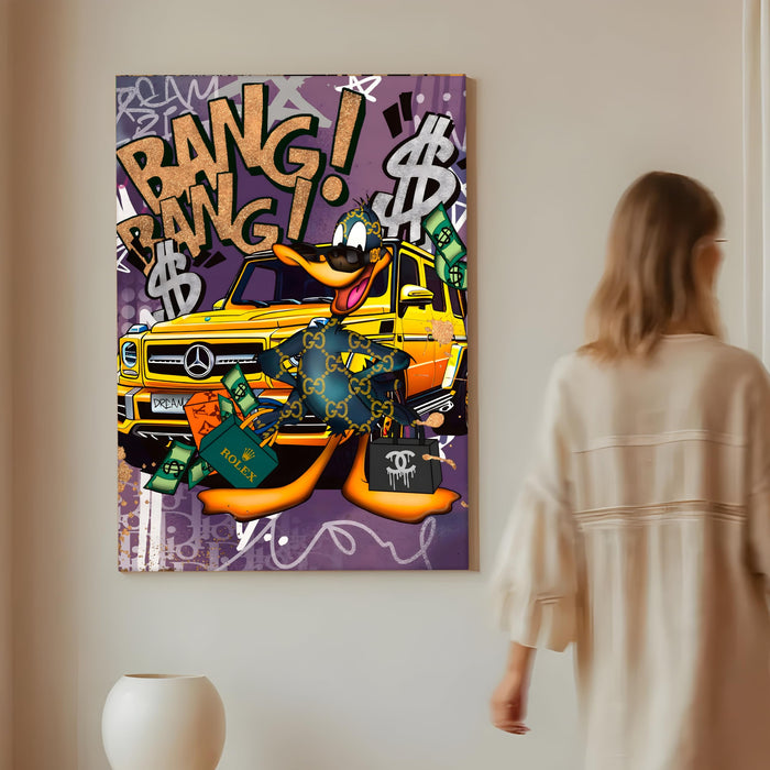 Luxury Street Pop Art Duck Wall Painting | Money & Success Graffiti Style Stretched Canvas Art Print| Modern Wall Décor for Home & Office, 56x86 cm