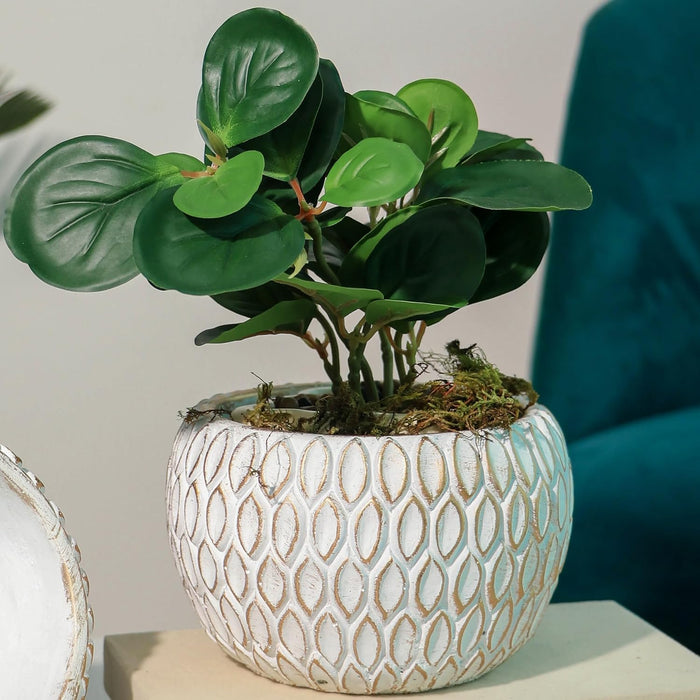 Handmade Cement Flower Pot Indoor Outdoor Plant Pot, Fade Resistant White and Golden Elegant Leaf Pattern Vase, Flower Vase Cemented Flower Vases 10x13 cm