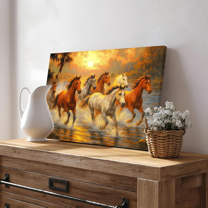 Seven Running Horses Wall Art Vastu Feng Shui Multicolor | Canvas Painting Stretched on Wood | Suits For Vastu-Friendly Place (16x22 Inch)