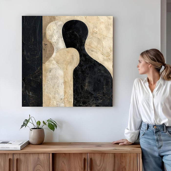 Modern Abstract Figurative Stretched Canvas Wall Art Painting For Living Room, Minimalist Silhouette Painting, Large Textured Neutral Earth-Tone for Living Room & Office (56xx56 cm)