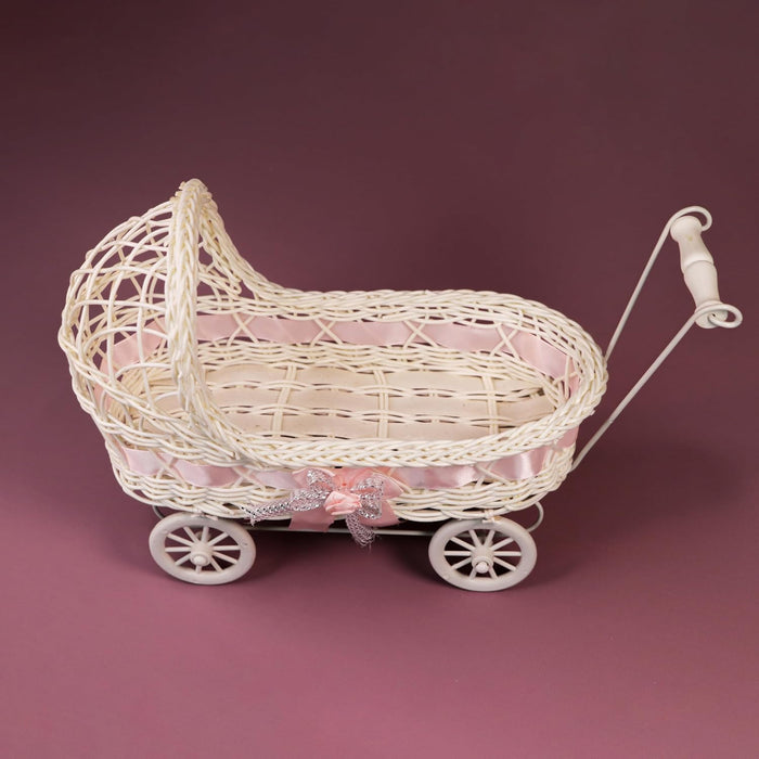 Gift Hamper Wicker Trolley, Mini Doll Stroller Shape Flower Basket/Gift Presenter, Organizer for Home and Table Décor (9x12 Inch)