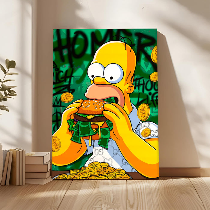 Funny Money Burger Pop Art Stretched Canvas Painting Print| Cartoon Style Graffiti Wall Art | Modern Humorous Artwork for Home, Café & Office Décor, 56x86 cm