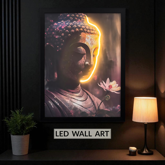 LED Buddha Wall Art Print with Wooden Frame, Feng Shui Vastu Wall Decor, Buddha Painting with LED Light - 43x58 cm