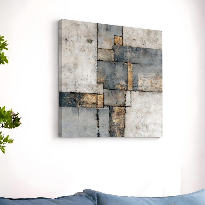 Abstract Industrial Tranquility Stretched Canvas Art Painting For Living Room, Gold & Blue Geometric Square Painting, Contemporary Decor for Living Room, Office & Home Decor (56xx56 cm)