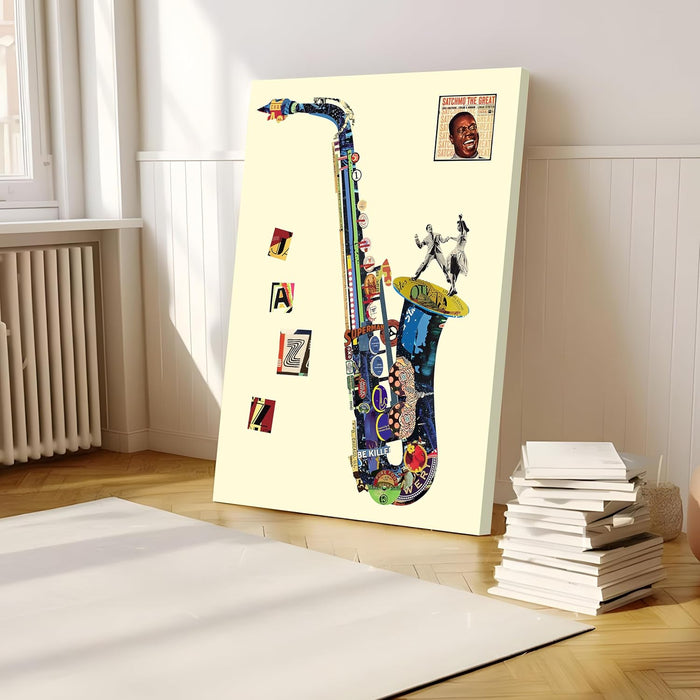 Canvas Painting Wall Art Print Picture Musical Insturment Saxophone strech Decorative Paintings for Home, Living Room and Office Décor (Multi, 16 x 22 Inches) (Retro Music)