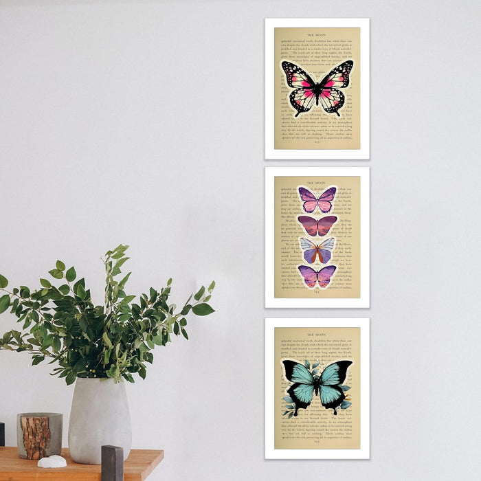 Art Street Dictionary Art Prints Colorful Textured Butterflies Theme, Framed Posters for Home Décor & Wall Decoration for Living Room (Set of 3,12.6 X 9.2 Inch)