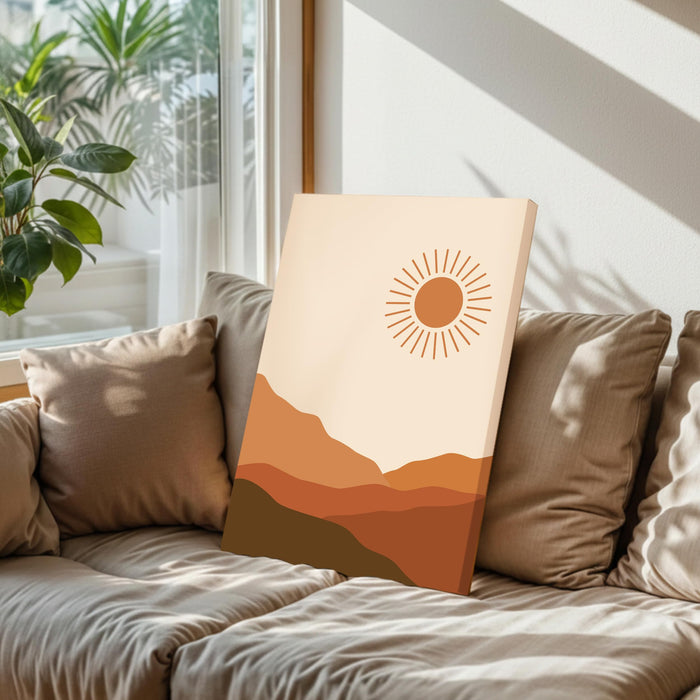 Abstract Desert Mountain Sun Stretched Canvas Wall Art Modern Boho Illustration Painting for Home & Office Wall Decor, (16x22 Inch)