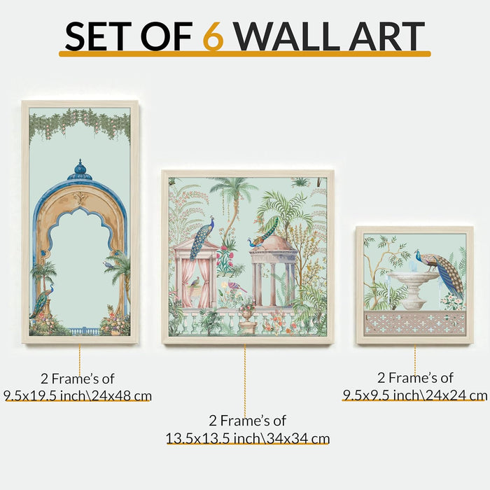 Framed Wall Art Print Pack of 6 Framed Wall Decoration Art Prints Traditional Indian Mughal Garden 24x48, 34x34 and 24x24 cm