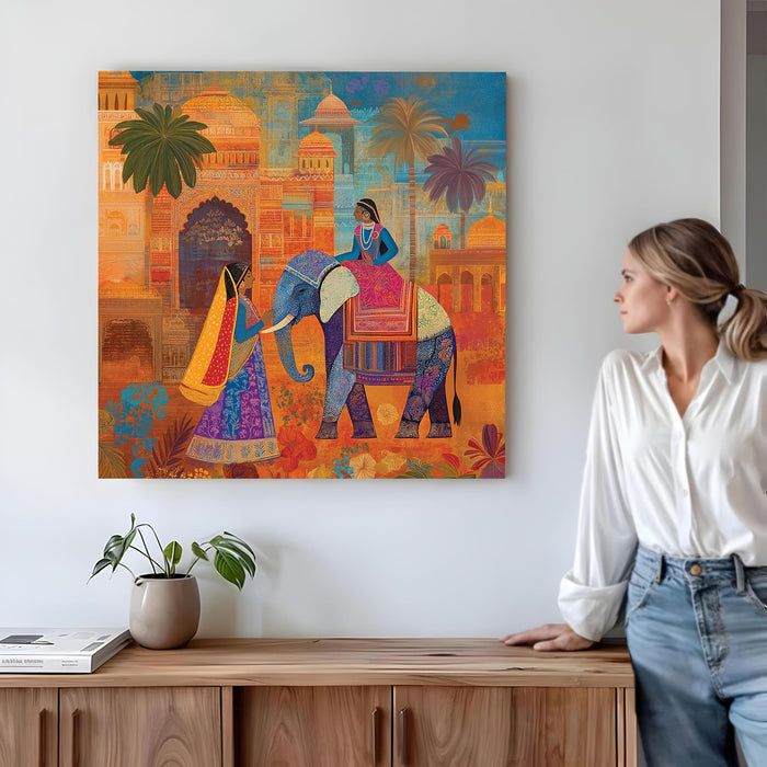 Royal Indian Elephant & Mughal Palace Stretched Wall Art Painting For Living Room, Traditional Rajasthani Folk Print Featuring Ethnic Women & Haveli Architecture For Home Decor (56xx56 cm)