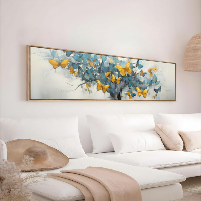 Large Canvas Painting Panel Framed Wall Art Print Abstract Tree with Yellow Butterfly Framed Luxury Paintings for Home Decoration (Sku Blue, 13x47 Inch)