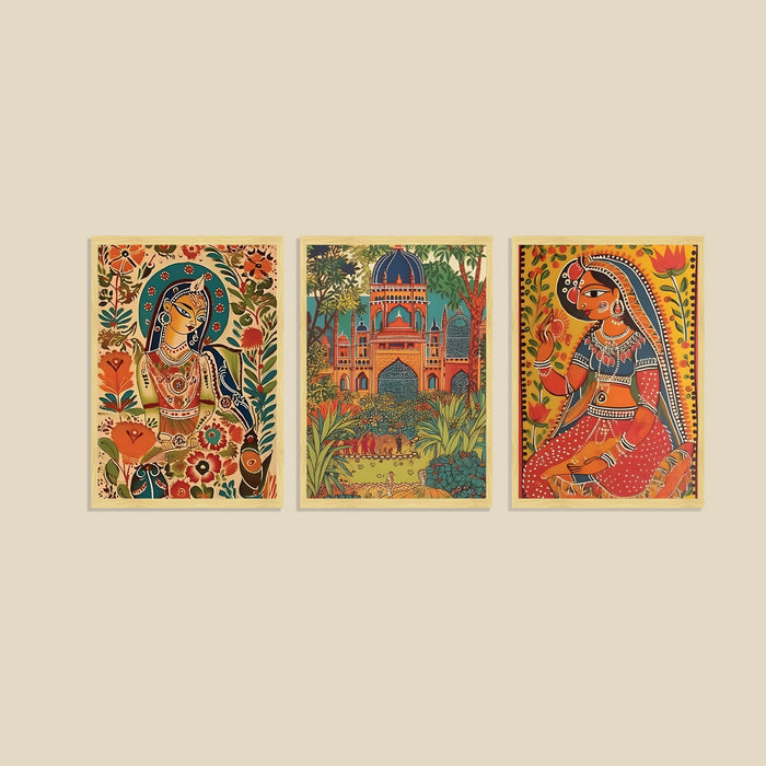 Madhubani Art Print Set of 3 Indian Folk Painting for Home Décor with Vibrant Indian Artwork, Traditional Mithila Wall Art, Ethnic Decor, Wall Prints for Living Room 30x42 cm