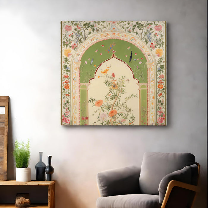 Traditional Indian Mughal Art Stretched Canvas Wall Art Painting For LIving Room, Pichwai Floral Jharokha Design with Enchanted Blossoms & Birds for Living Room, Office & Home (56xx56 cm)
