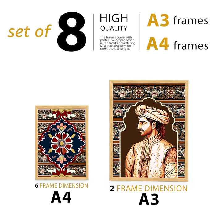 Art Street Set of 8 Indian Folk Wall Art Royal Prince with Queen Palace Painting For Home (Size: 9.3x12.7 & 12.7x17.5 Inch)