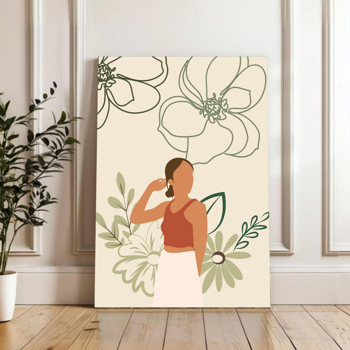 PAINTINGMANTRA Abstract Women floral rainbow Stretched Canvas Wall Art Modern Boho Illustration Painting for Home & Office Wall Decor, (16x22 Inch)