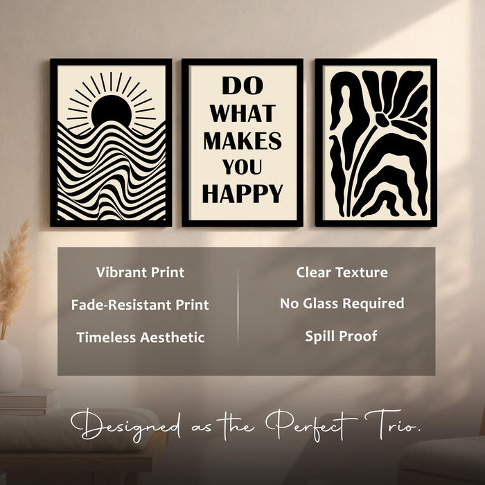 PAINTINGMANTRA Motivational Boho A3 Framed Posters for Living Room with Frame, Do What Makes You Happy Bohemian Quotes Wall Poster for Home Decor Bedroom Hallways Office Hotel Set of 3, Size 33x45 cm