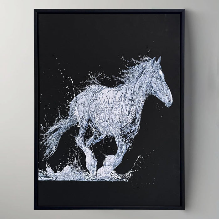 Framed Canvas Art Print with LED, Decorative Wall Decor Canvas Painting Monochromatic Running Horse from Water 43x58 cm