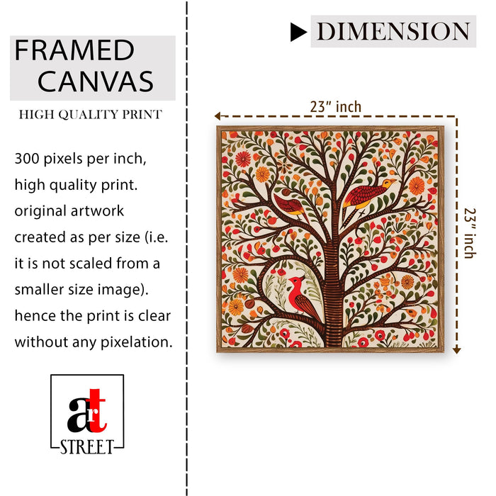 Madhubani Tree of Life Framed Painting For Living Room | Indian Folk Tree and Birds Large Canvas Painting With Frame Wall Art For Bedroom, Hallway's, Office, Hotel, Size 58x58 cm