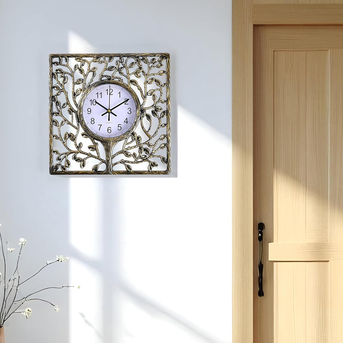 Bronze Vintage Tree Wall Clock Square Antique Design, Nature-Inspired Tree Motif Frame, Rust-Free, Lightweight Durable Plastic, Wall & Shelf Mountable  24x24 cm