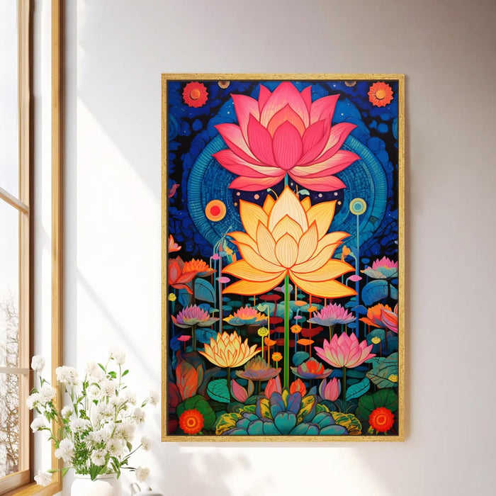 Abstract Multicolor Aesthetic Lotus Painting with Frame, Framed Canvas Paintings Stretched Canvas Wall Art  22x34 Inch