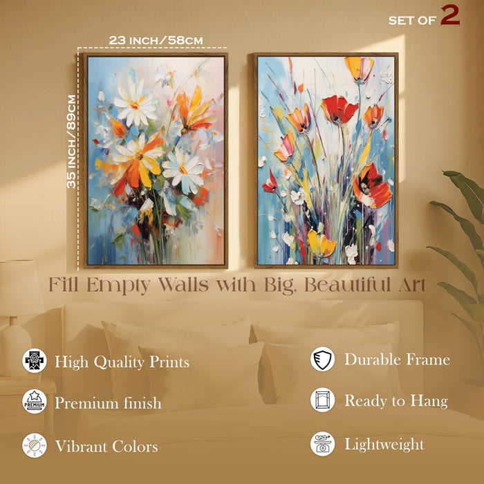 Red White Flower Canvas Large Wall Art Painting for Living Room Decoration, Stylish Large Wall Art Print for Wall Decor (Set of 2, 58x89 cm)