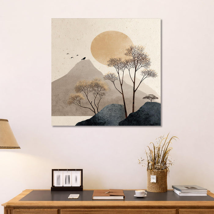 Japandi Minimalist Wall Art Painting for Living, Boho Minimalist Abstract Mountain Landscape with Golden Sun & Trees, Stretched Canvas Painting for Living Room, Bedroom & Office Decor (56xx56 cm)