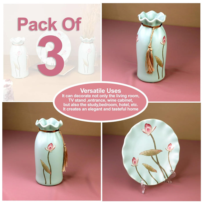 Flower Pinted Ceramic Vases and Decorative Plate Combo for Décor (Sky Blue, 4.5x9 Inch and 8x8 Inch)