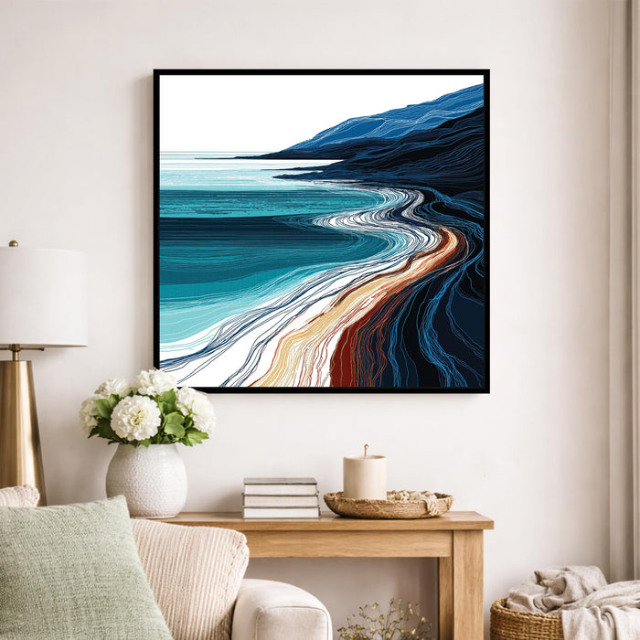 Abstract Ocean Coastline Framed Painting For Living Room | Modern Coastal Seascape Large Canvas Painting With Frame Wall Art For Bedroom, Hallway's, Office, Hotel, Size 58x58 cm