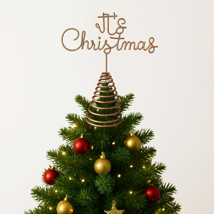Festive Metal Gold Tree Topper It's Christmas Script Font Tree Decoration Spiral Base for Xmas-Tree Decor 19x21 cm