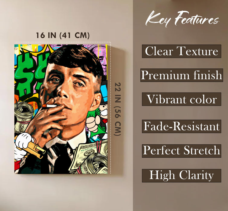 Bold Street Pop Art Gentleman Smoking Stretched Canvas Painting Print| Money & Power Graffiti Wall Art | Modern Luxury Wall Décor for Home & Office, 41x56 cm