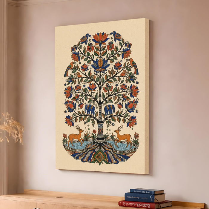 Madhubani Tree of Life Stretched Canvas Painting For Living Room | Indian Folk Nature Stretched Canvas Wall Art For Livingroom Home Decor, Bedroom, Hallway's, Office, Hotel - 56x86 cm