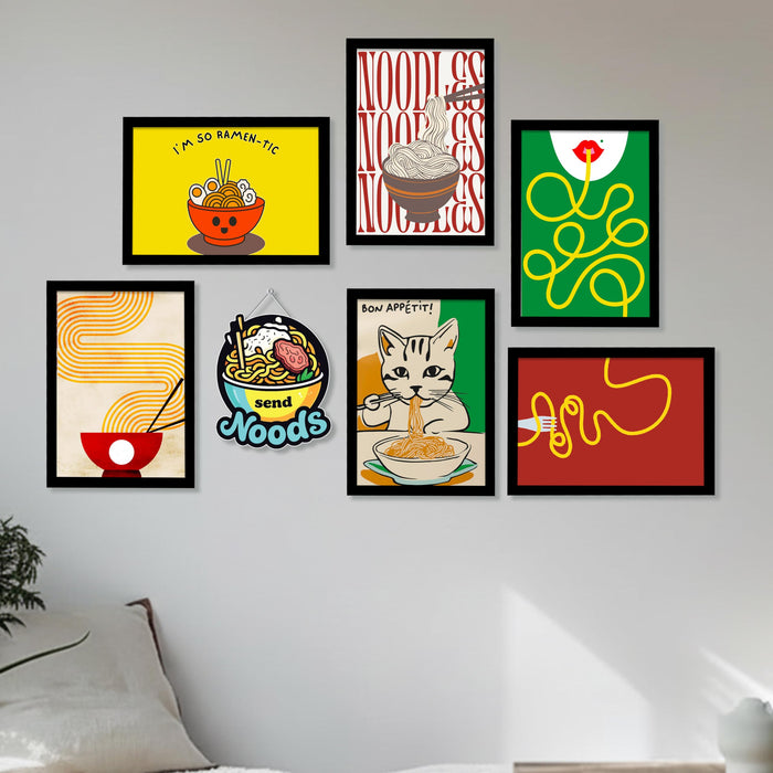 Ramen & Noodle Wall Art Framed Painting Kitchen Food Illustration & Typography Painting with Frame Dining & Café Wall Décor for Restaurant, Home & Bar Set of 7 (1 MDF wall Hanging), 9x13 Inch