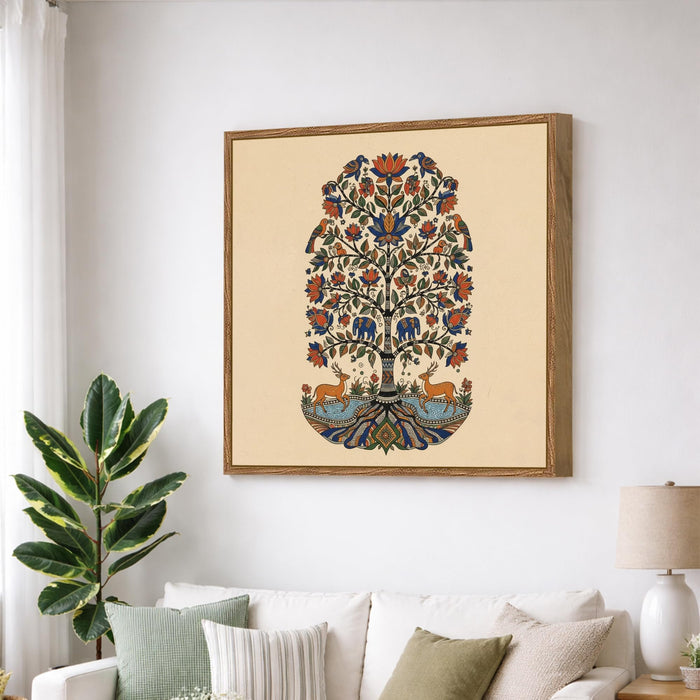 Kalamkari Tree of Life Framed Painting For Living Room | Madhubani Folk Animal Tree Large Canvas Painting With Frame Wall Art For Bedroom, Hallway's, Office, Hotel, Size 58x58 cm