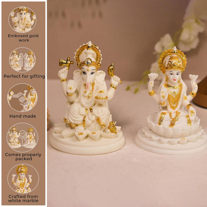 Laxmi Ji and Ganesh Ji Statue Showpiece Idol, Crafted from Marble Finish Laxmi Ji and Ganesh Ji Murti  (White, 9x11 cm)