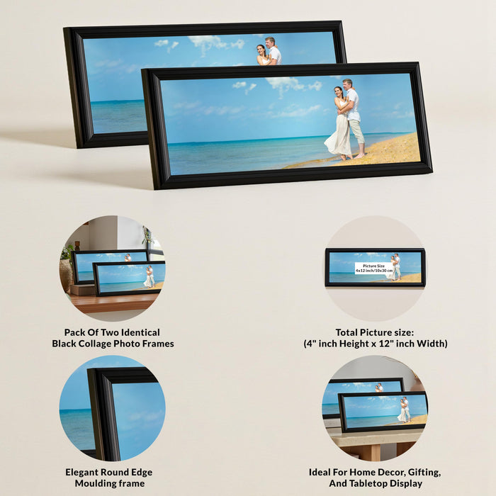 Art Street Horizontal Photo Frame Set of 2 for Tabletop Display, Black Panoramic Wooden 4x12 Inch Picture Frames with Stand, Designer Photo Frame for Home Decor, Gift Picture Frames Set 12x32 cm