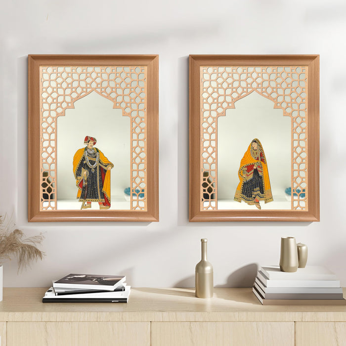 Art Street Pack of 2 Framed King and Queen Pichwai Art Jharokha Mirror Wall Decor Vastu Compliant Wall Hanging Mirror MDF Cutout Indian Traditional Ethnic for Living Room Bedroom 35x45 cm