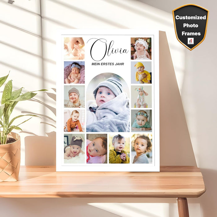 SNAP ART Personalised & Customized Baby Collage Photo Frame with Baby Name & 13 Photo Print with Framed (White, 12x16 Inch)