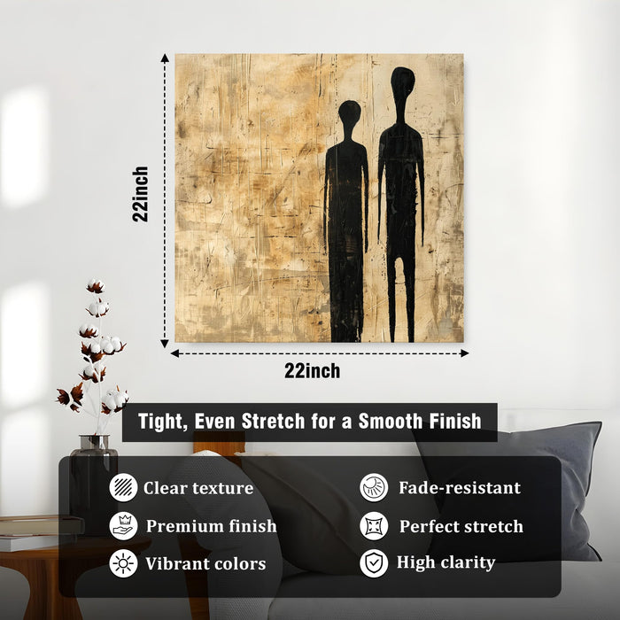 Abstract Minimalist Figures Stretched Canvas Wall Art Painting for Living Room, Modern Giacometti Style Silhouette Painting, Textured Earth Tones in Beige & Black for Office (56xx56 cm)