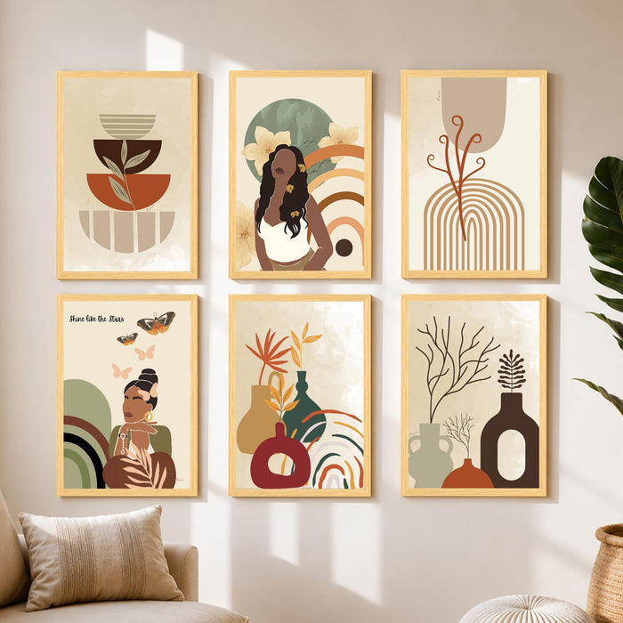 Boho Abstract Framed Painting Wall Art Set of 6 | Portrait, Botanical & Geometric Prints | Warm Neutral Tones | Engineered wood Frame Wall Décor, (Size: A3)