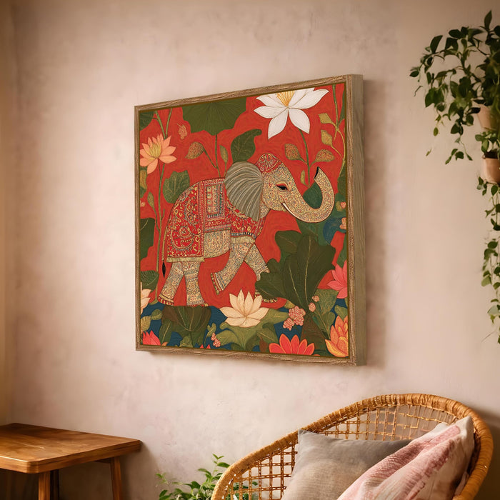 Pichwai Elephant Lotus Framed Painting For Living Room | Traditional Vastu Large Canvas Painting With Frame Wall Art For Bedroom, Hallway's, Office, Hotel, Size 58x58 cm