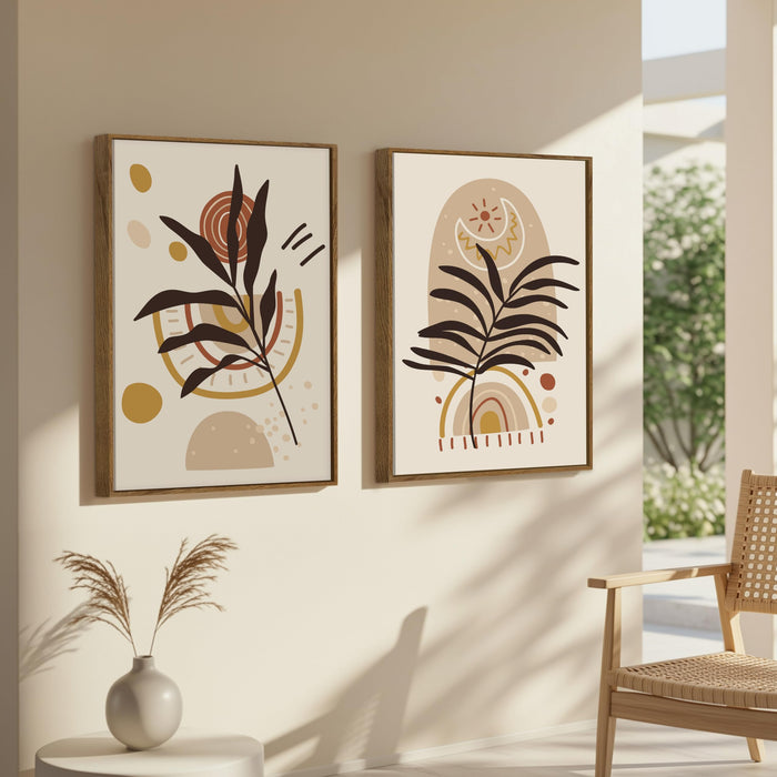 Boho Leaf Flower Moon and Sun Canvas Wall Painting Bohemian Large Wall Art Painting for Living Room Decoration, Stylish Large Wall Art Print for Wall Decor (Set of 2, 58x89 cm)
