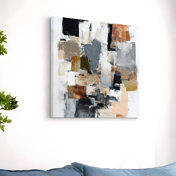 Modern Abstract Stretched Canvas Wall Art Painting For Living Room, Textured Geometric Oil Painting in Earthy Tones, Large Stretched Gallery Wrap for Living Room & Office (56xx56 cm)