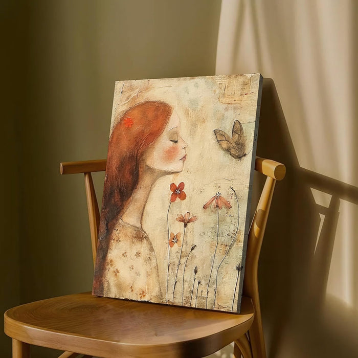 Vintage Abstract Art of Girl with Flower and Butterfly in Orange, Brown, and Beige | Digital Painting (16x22 Inch)