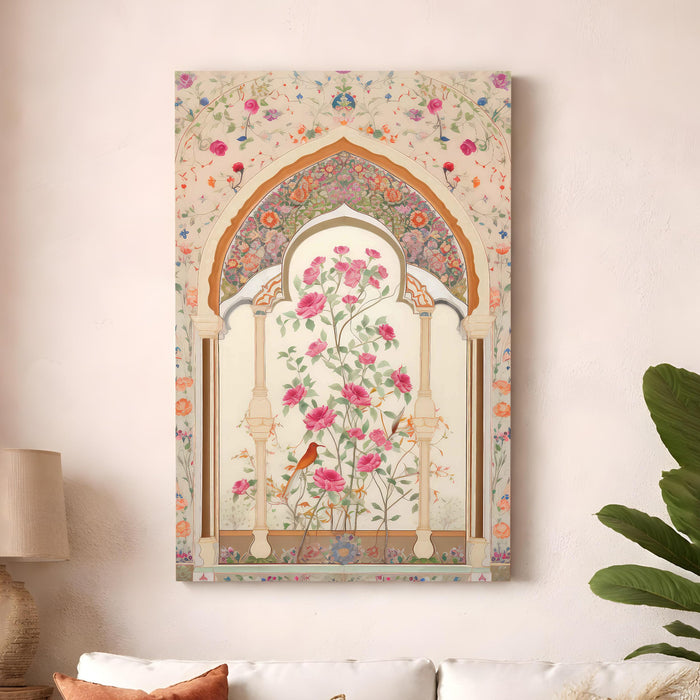 Mughal Rose Garden Stretched Canvas Painting For Living Room | Madhubani Royal Jharokha Stretched Canvas Wall Art For Livingroom Home Decor, Bedroom, Hallway's, Office, Hotel - 56x86 cm