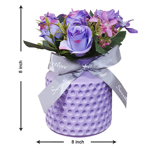 Artificial Flower Pot for Home Decoration, Artificial Plants with Pot, Purple Rose Flower Multicolor ( 8 " Wide X 8 " Length )