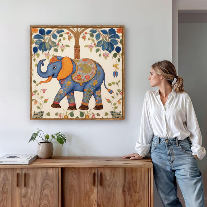 Traditional Madhubani Elephant Framed Painting For Living Room | Indian Folk Elephant Tree Large Canvas Painting With Frame Wall Art For Bedroom, Hallway's, Office, Hotel, Size 58x58 cm