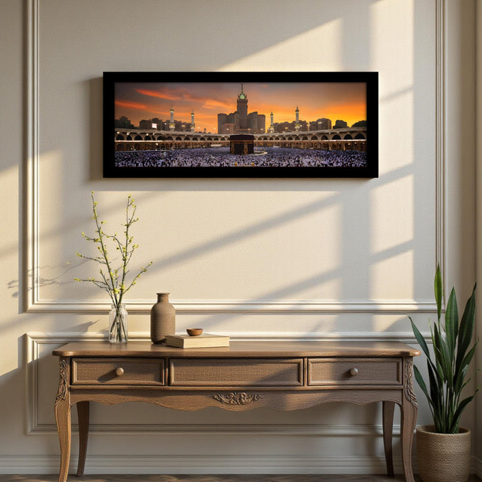 Makka Madina Kaaba Islamic Arabic Landscape Wall Art Framed Luxury Paintings for Home Decoration, Living room, Bedroom and Office Decoration (99x38 CM)